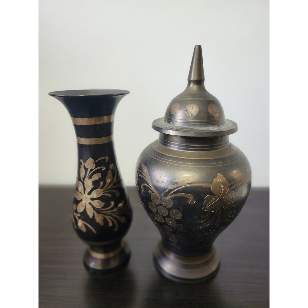 Vintage Black Etched Brass Vase and Lidded Ginger Jar Set Made in India Floral